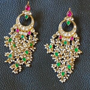 Gold and Green Chandelier Earrings with Pink Accents